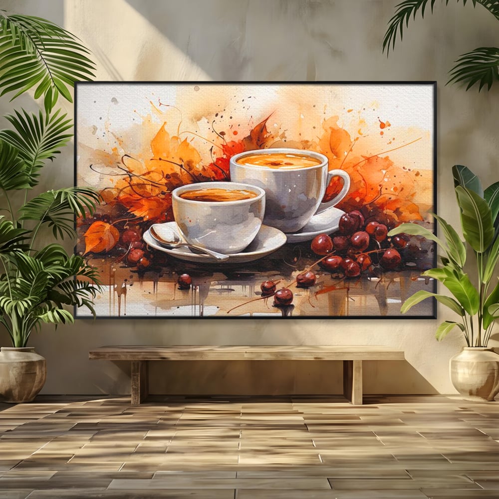 Tablou canvas cu pictura cu doua cesti de cafea si frunze de toamna, in rama de aluminiu negru